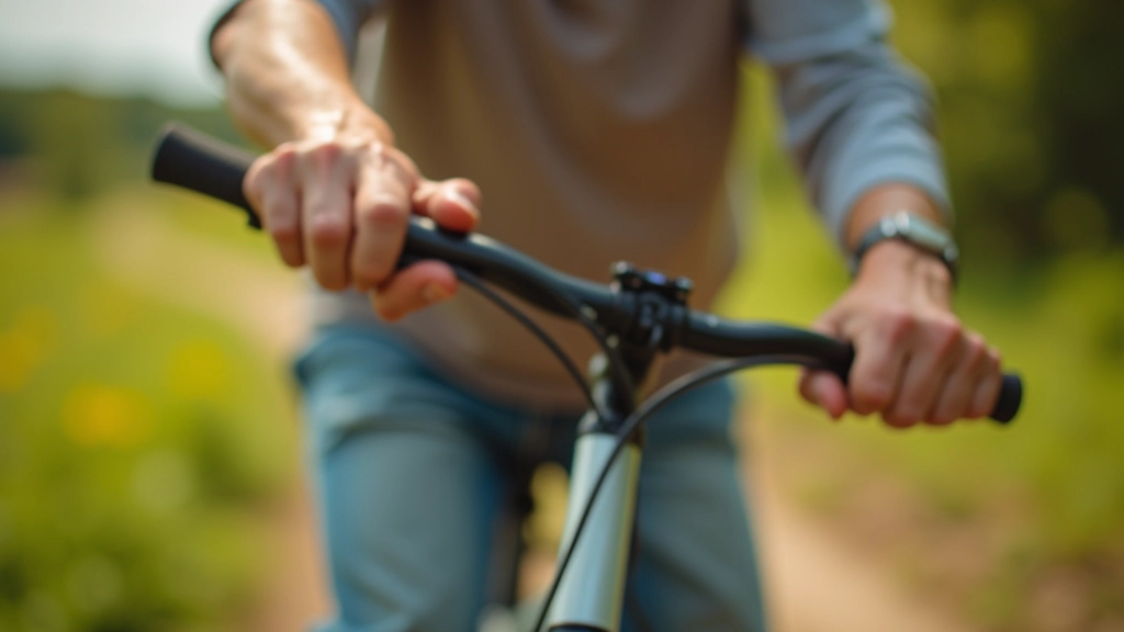 Detailní záběr na ruku seniorů drží cyklistické řídítko s krajinou pozadí