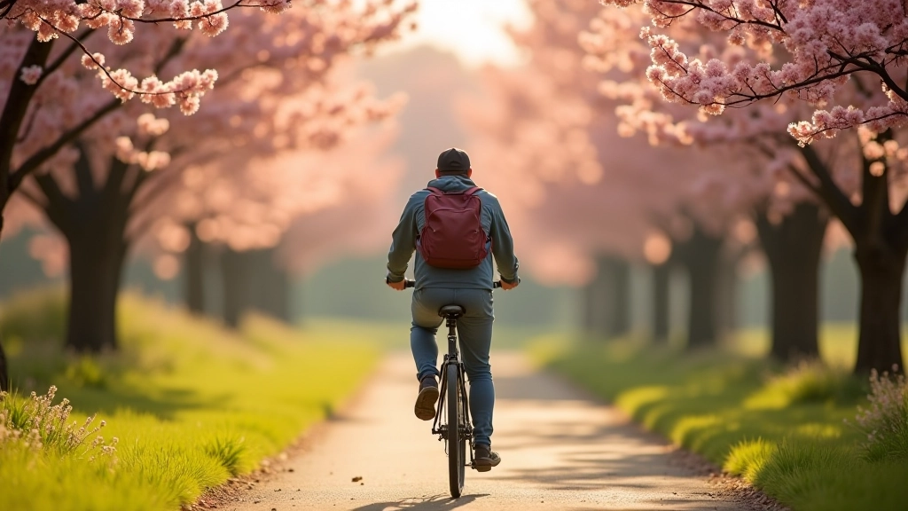 Cyklista v tričku jedoucí po cestě s květináčem v tašce, květiny v pozadí, měkké světlo
