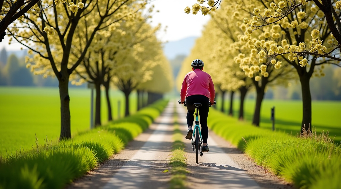 Cyklista jedoucí po malebné cestě mezi staršími stromy s květy v přírodě