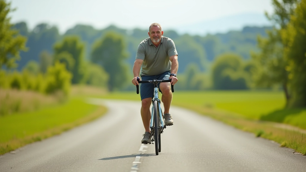 Starší cyklista v běžném oblečení jedoucí po rovné polní cestě s krajinou kolem