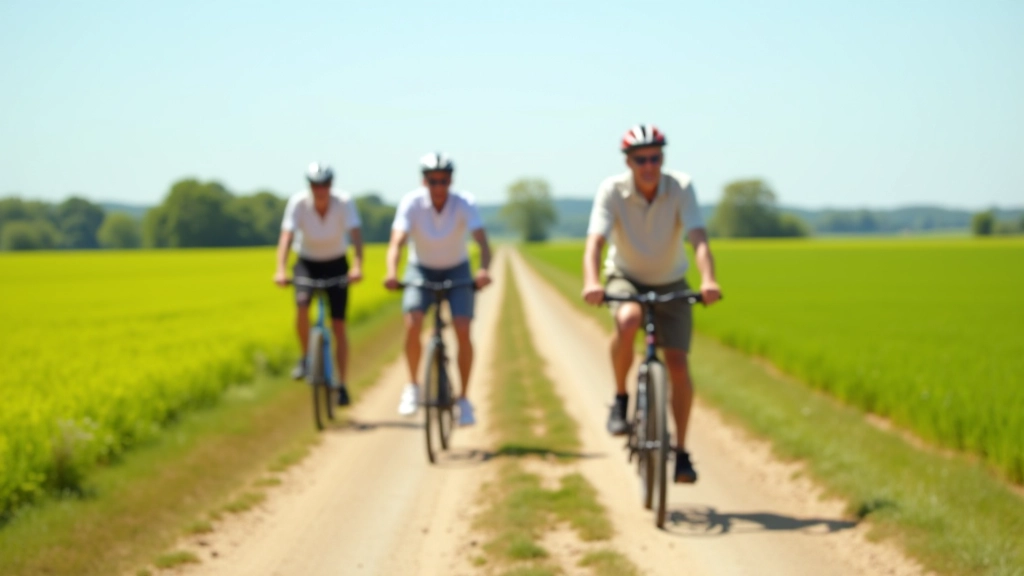Cyklisté jedoucí po polní cestě s rozlehlým polem po obou stranách