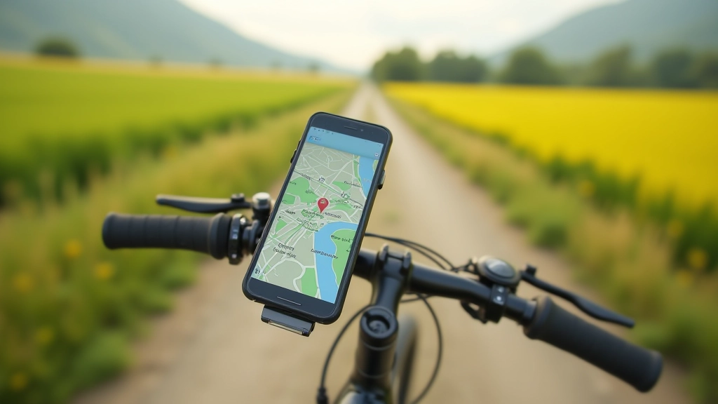 Mobilní telefon s mapou na handlebarech kola s polní cestou v pozadí